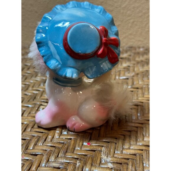 Vintage WALES Ceramic Poodle Figurine With Faux Fur & Blue Hat Made In Japan - Picture 4 of 7